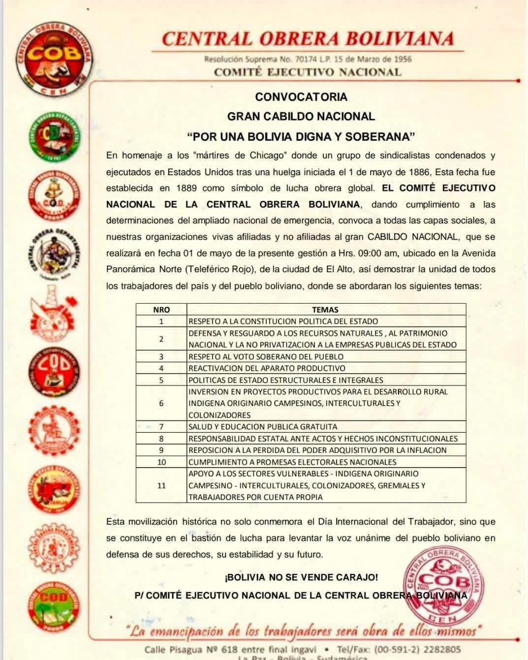 Cabildo de la COB se realizará en El Alto y abordará 11 temas